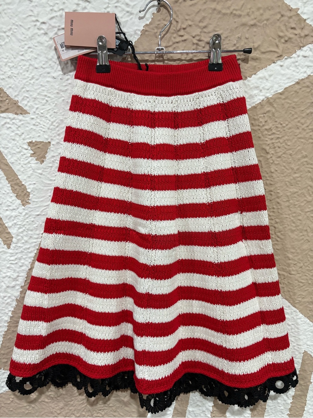 Miu Miu Red and White Striped Knit A-Line Skirt with Black Lace Hem